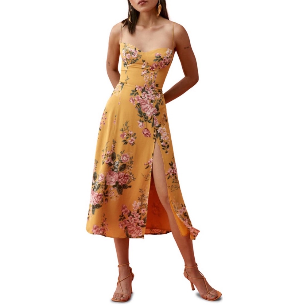Reformation Juliette High Slit Sweetheart Neckline Floral Midi Dress In Angelica